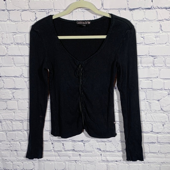 Lucky Brand Tops - Lucky Brand Womens Y2K Ribbed Long Sleeve Top Black Cinch Tie Front Sz L Fitted